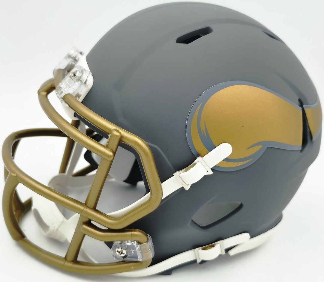Jordan Addison Signed Vikings Slate Silver Speed Mini Helmet (In Yellow) Beckett