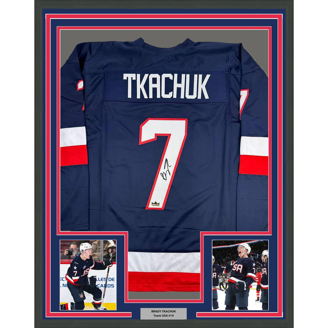 Framed Facsimile Signed Brady Tkachuk 35x39 USA Blue 2025 4 Nations Jersey