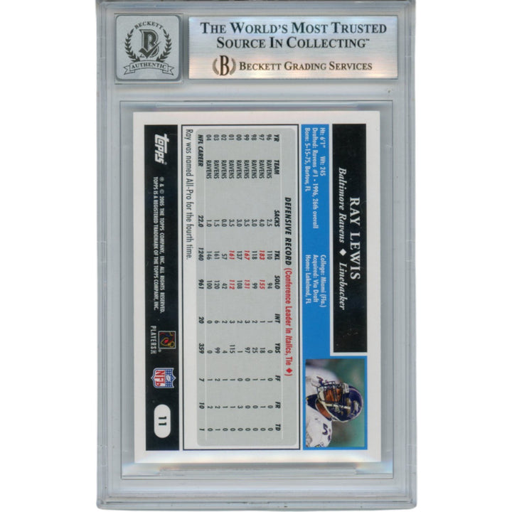 Ray Lewis Autographed/Signed 2005 Topps #11 Trading Card Beckett 52931