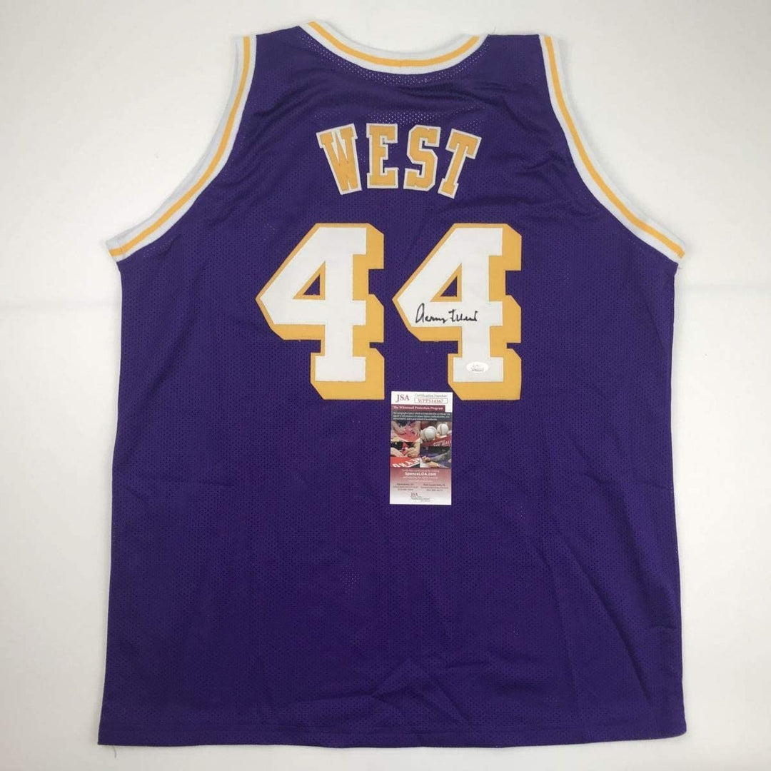 Autographed/Signed Jerry West Los Angeles LA Purple Jersey JSA COA
