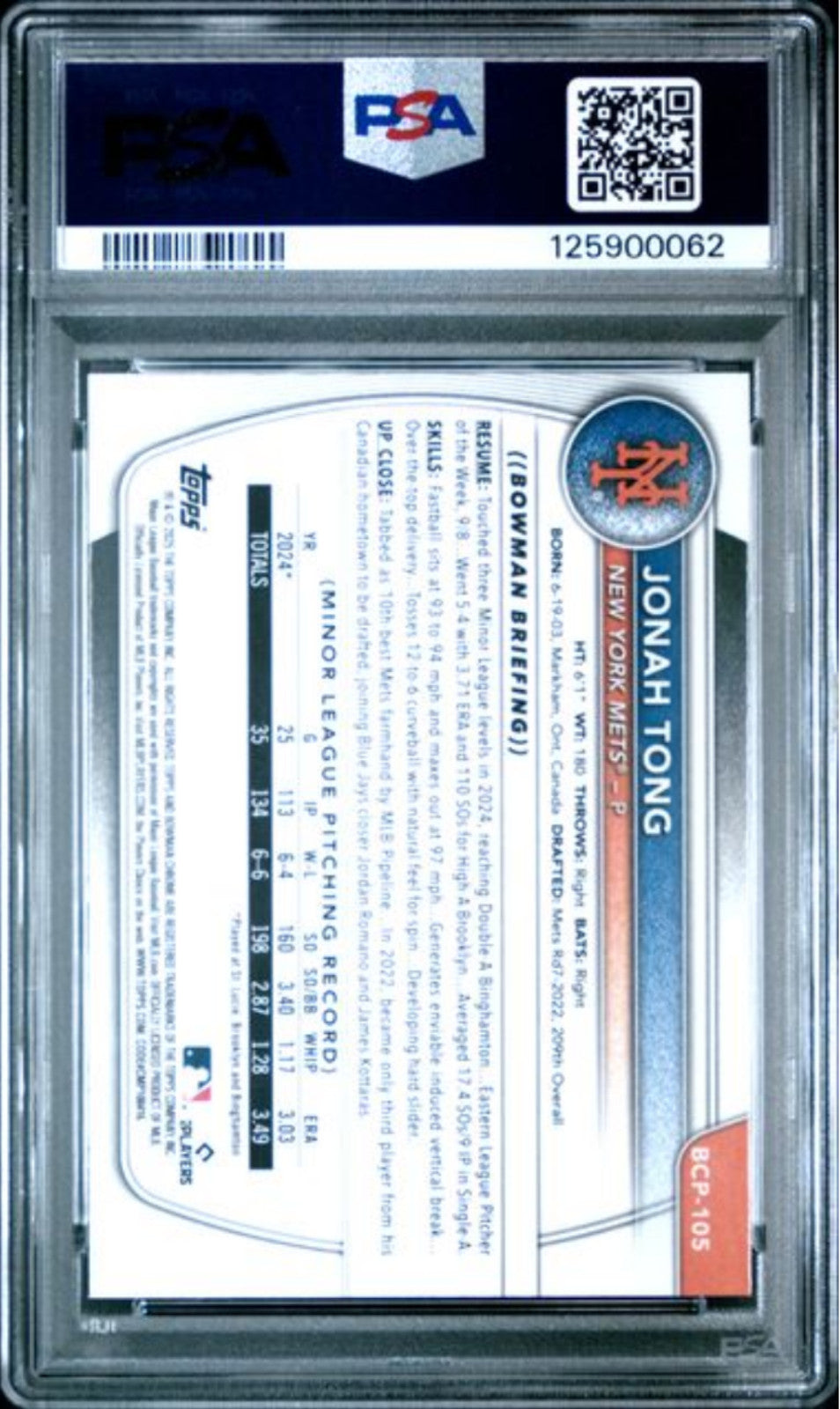 Graded 2025 Bowman Sapphire Jonah Tong #BCP105 Chrome Rookie Card PSA 10 Mint