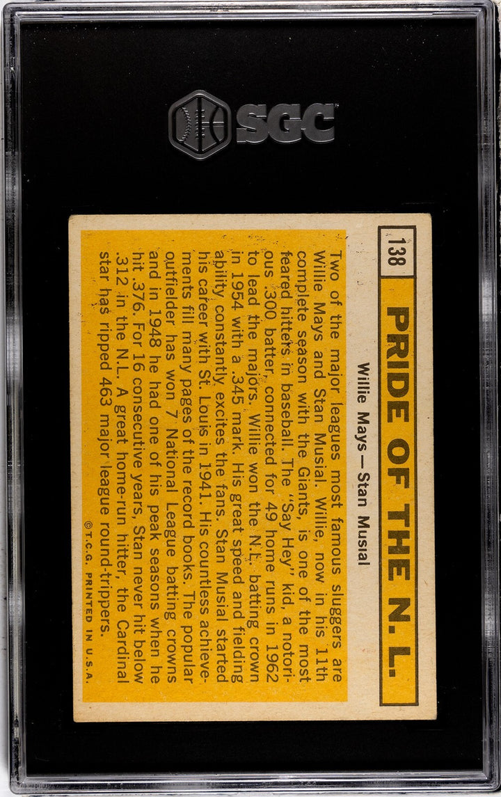 Willie Mays/Stan Musial 1963 Topps Pride of NL Card #138 HOF- SGC Graded 4 VG-EX