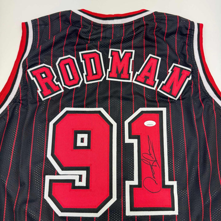 Autographed/Signed DENNIS RODMAN Chicago Pinstripe Jersey PSA/DNA COA