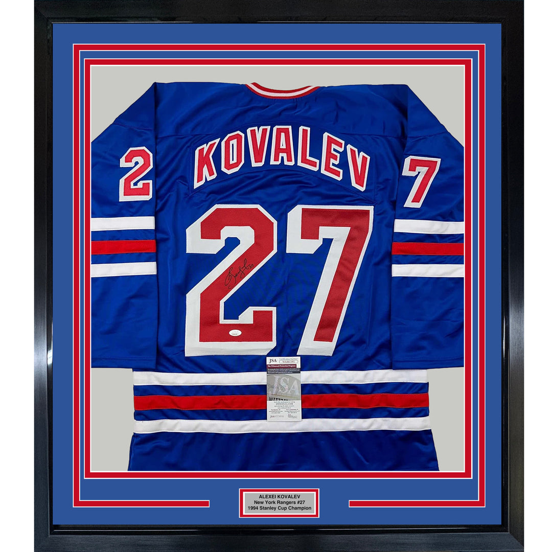 Framed Autographed/Signed Alexei Kovalev 33x42 New York Blue Jersey JSA COA
