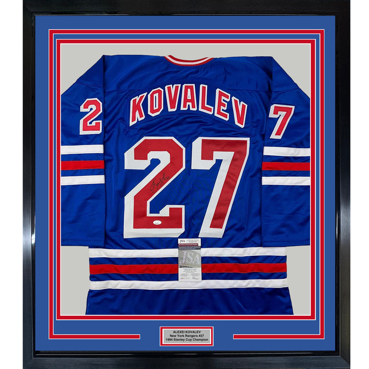 Framed Autographed/Signed Alexei Kovalev 33x42 New York Blue Jersey JSA COA