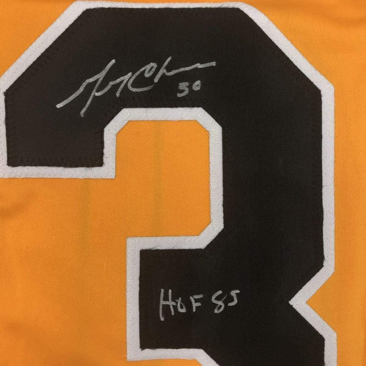 Autographed/Signed Gerry Cheevers HOF 85 Boston Yellow Jersey JSA COA
