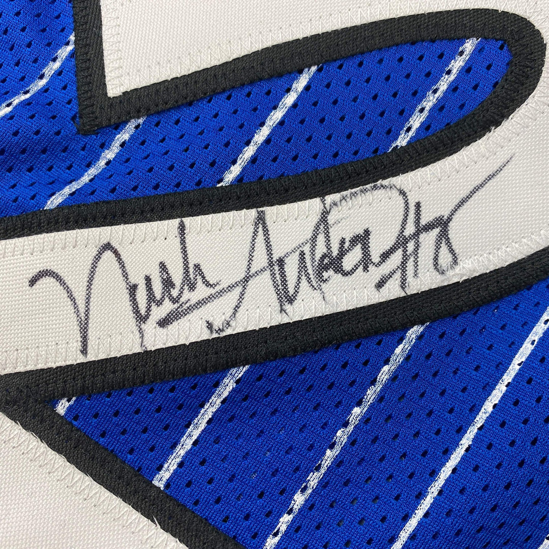 Autographed/Signed Nick Anderson Orlando Blue Pinstripe Basketball Jersey PSA/DN