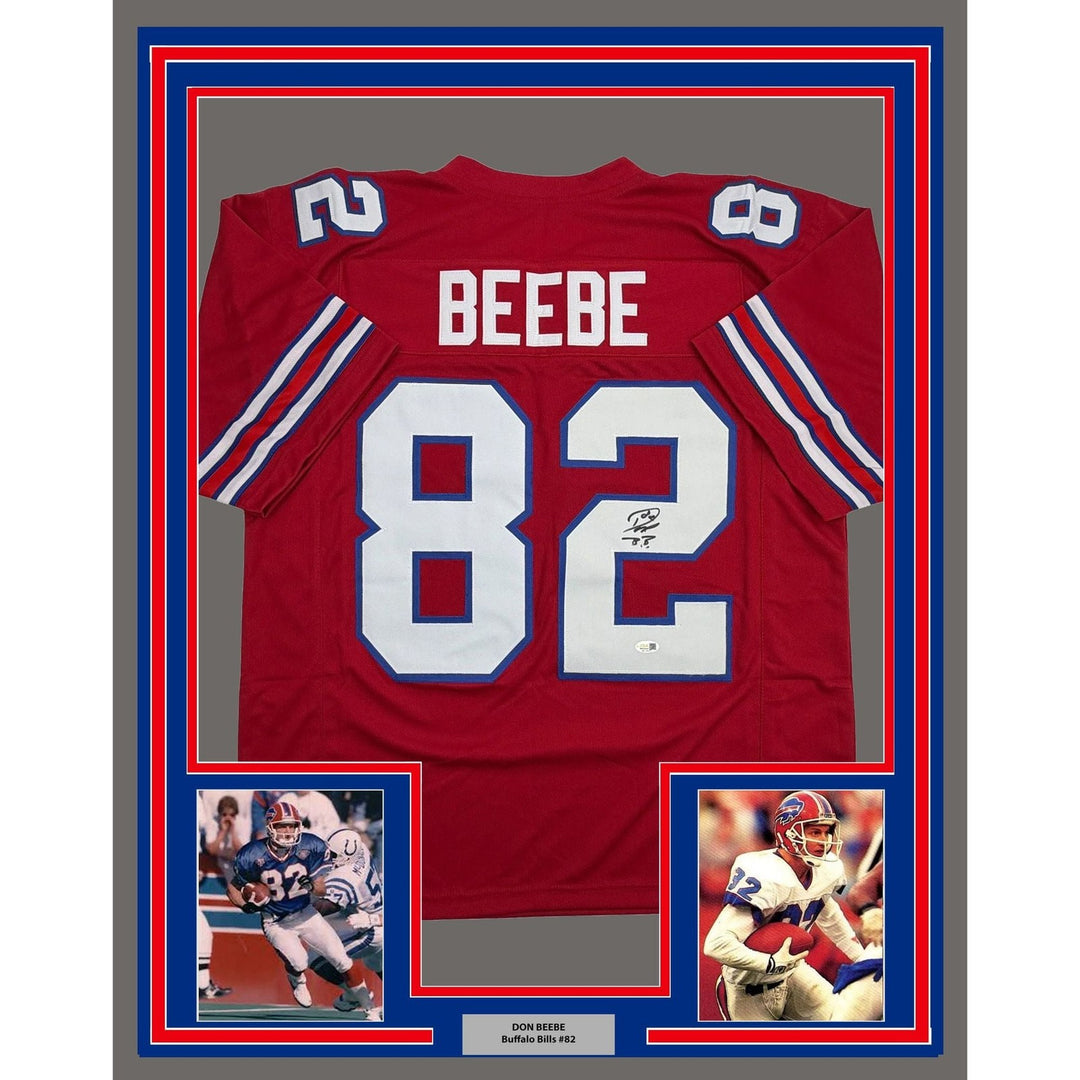 Framed Autographed/Signed Don Beebe 35x39 Buffalo Red Jersey JSA COA