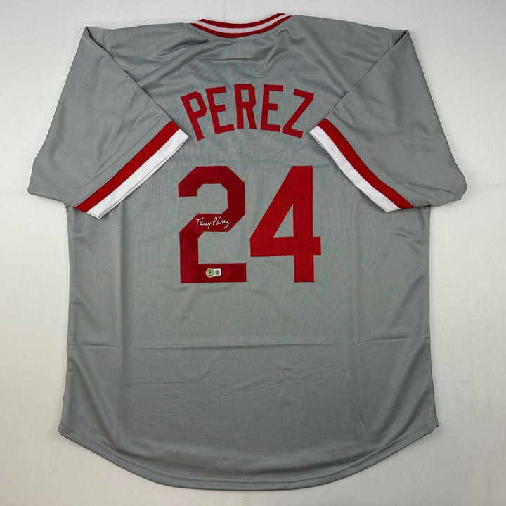 Autographed/Signed Tony Perez Cincinnati Grey Jersey Beckett BAS COA