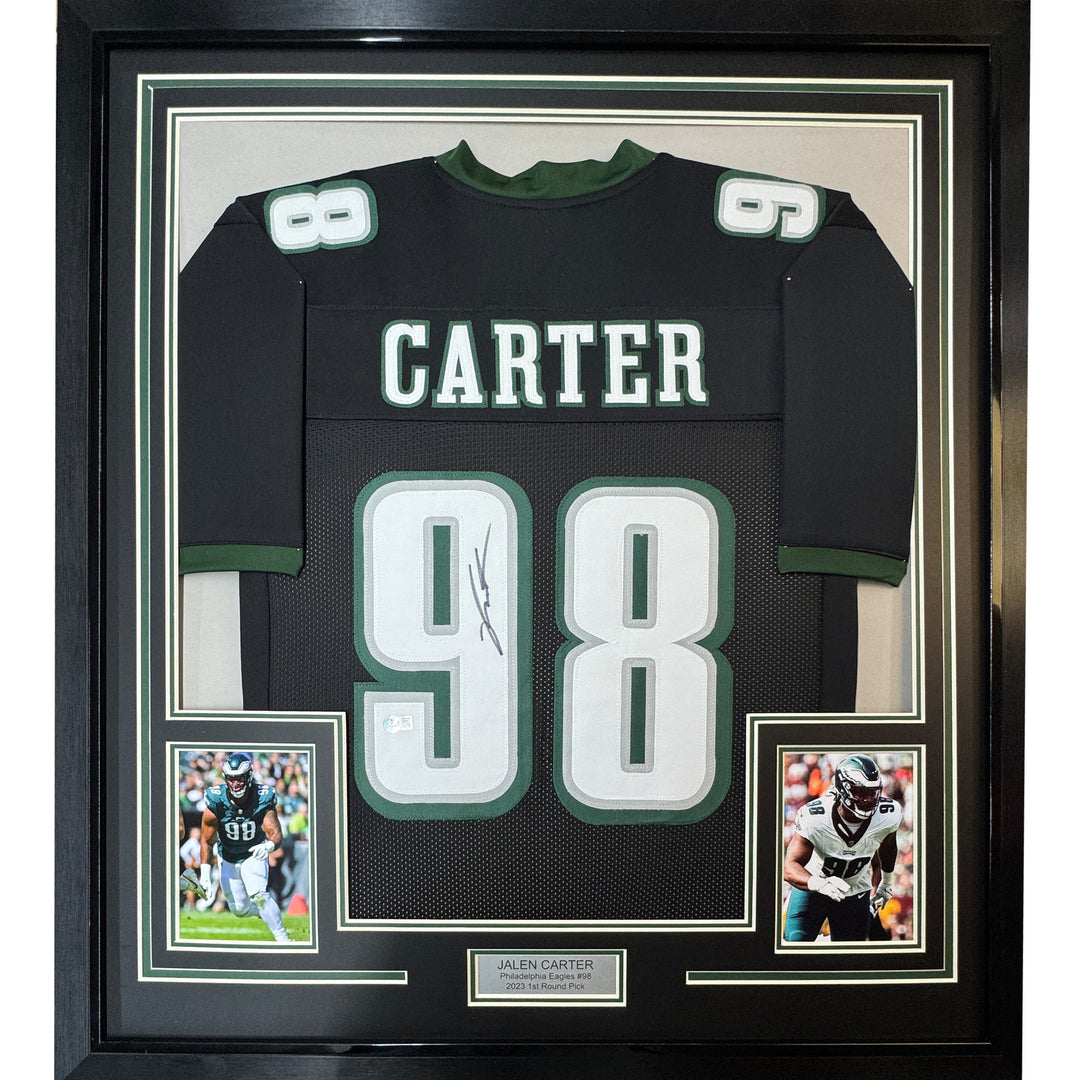 Framed Autographed/Signed Jalen Carter 35x39 Black Jersey Beckett BAS COA