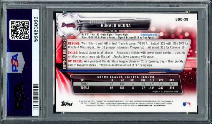 Ronald Acuna Jr. Signed 2017 Bowman Draft Chrome RC #BDC39 Braves PSA9 Auto 10
