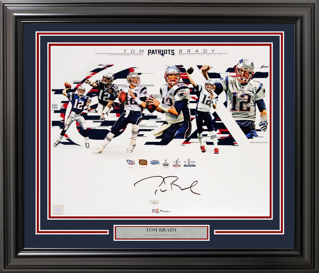 Tom Brady Signed Framed 16x20 Photo Patriots Super Bowl Collage Fanatics Holo