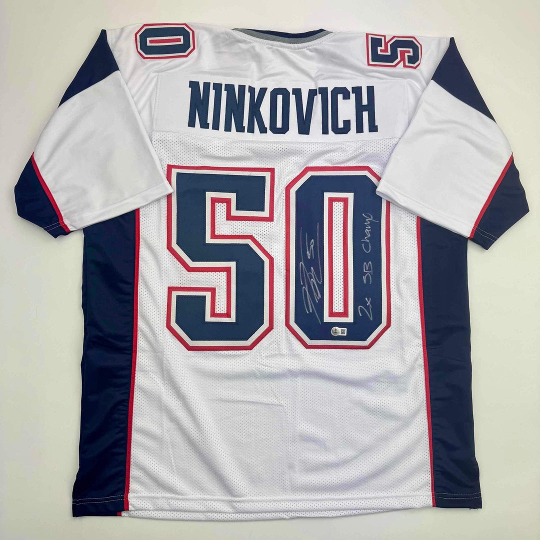 Autographed/Signed Rob Ninkovich 2x SB New England White Jersey Beckett BAS COA