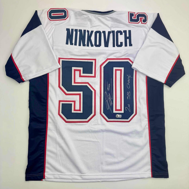 Autographed/Signed Rob Ninkovich 2x SB New England White Jersey Beckett BAS COA