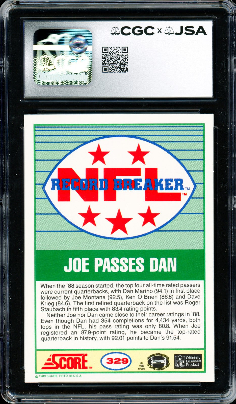 Joe Montana Auto Signed 1989 Score Card 329 49ers Card 9.5 Auto GM 10 CGC x JSA