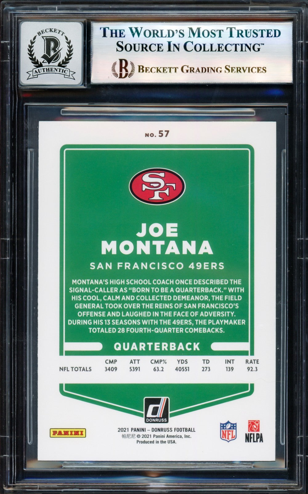 Joe Montana Signed 2021 Donruss Card 57B San Francisco 49ers Auto GM 10 Beckett