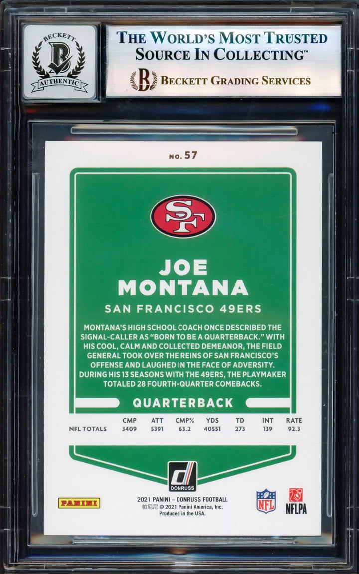 Joe Montana Signed 2021 Donruss Card 57B San Francisco 49ers Auto GM 10 Beckett