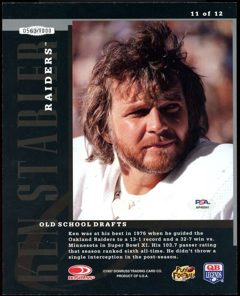 Ken Stabler PSA DNA Autograph 1997 Leaf 8x10 Photo Raiders Signed