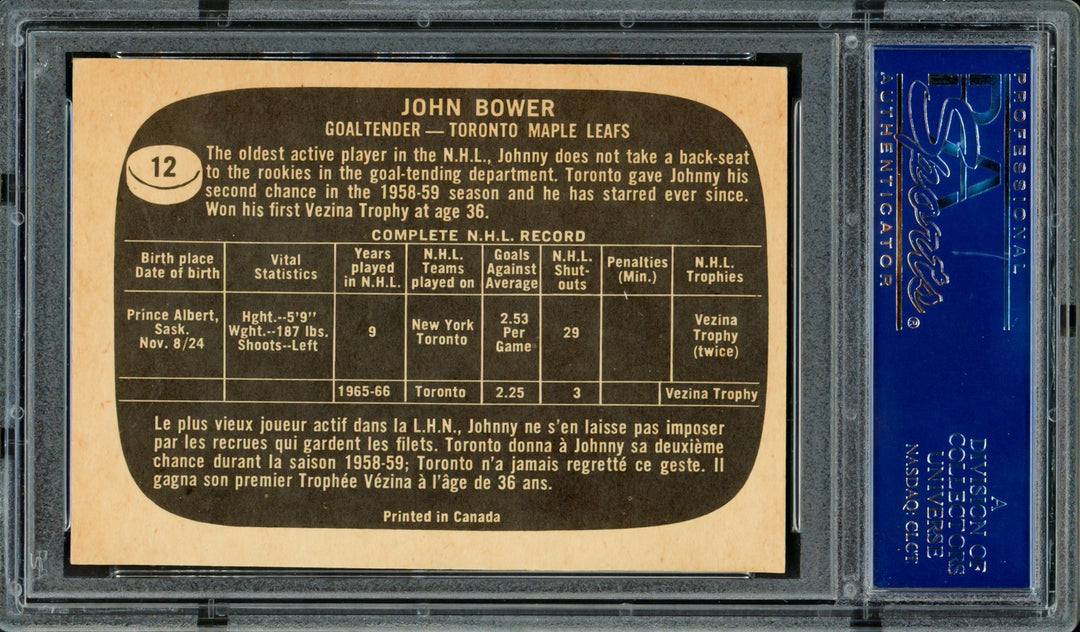 Johnny Bower Signed 1966 Topps Card 12 Toronto Maple Leafs PSA/DNA #83462281