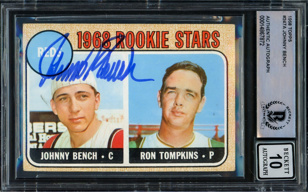 Johnny Bench Signed 1968 Topps RC 247 Reds Auto 10 (Off Condition) Beckett