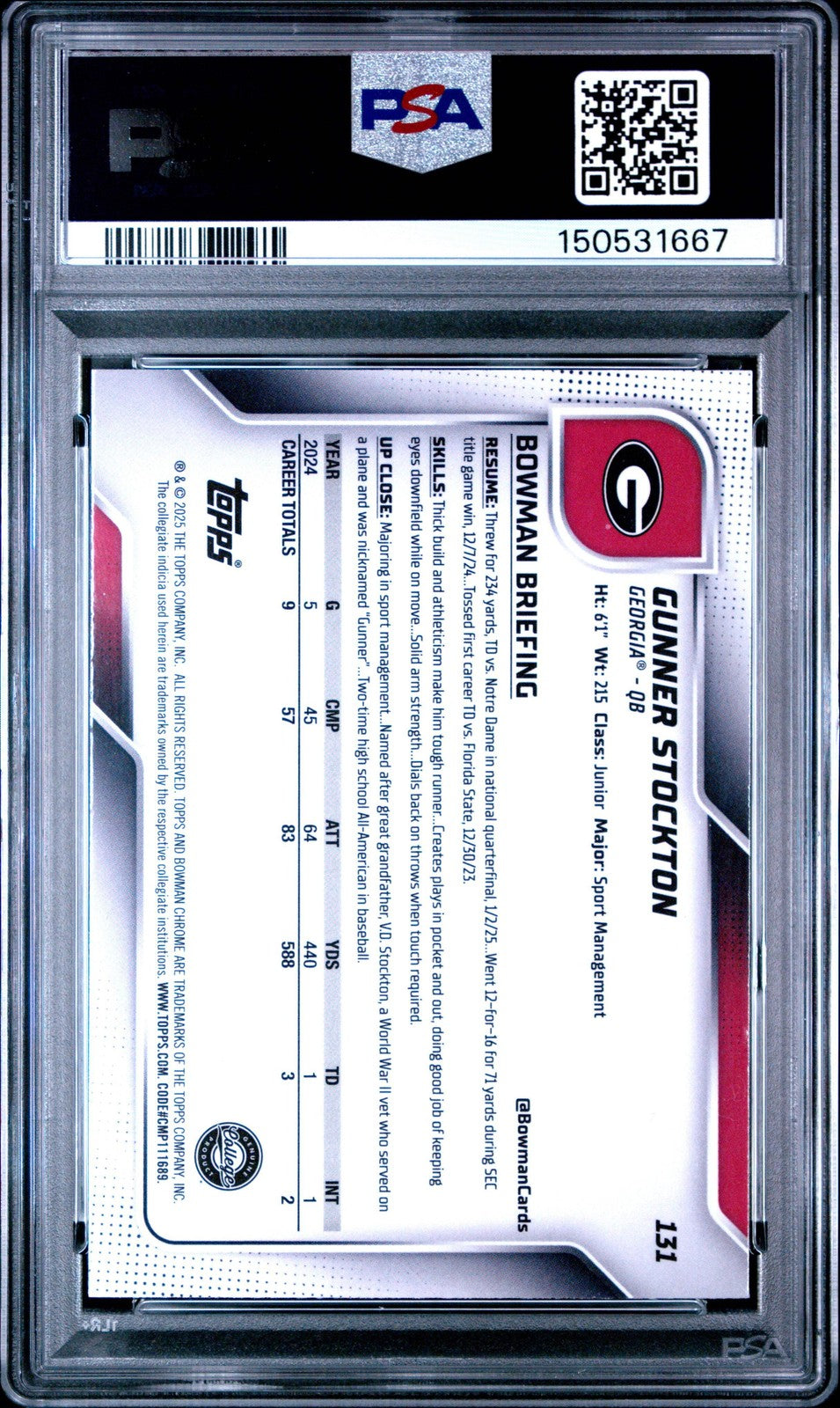 Graded 2025 Topps Bowman U Chrome Gunner Stockton #131 Rookie RC Card PSA 10
