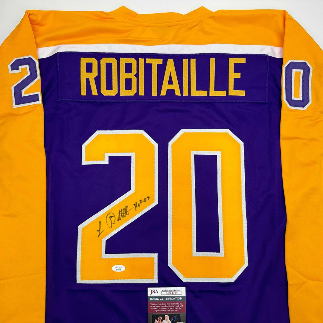 Signed Luc Robitaille HOF 09 Los Angeles LA Purple Jersey JSA COA