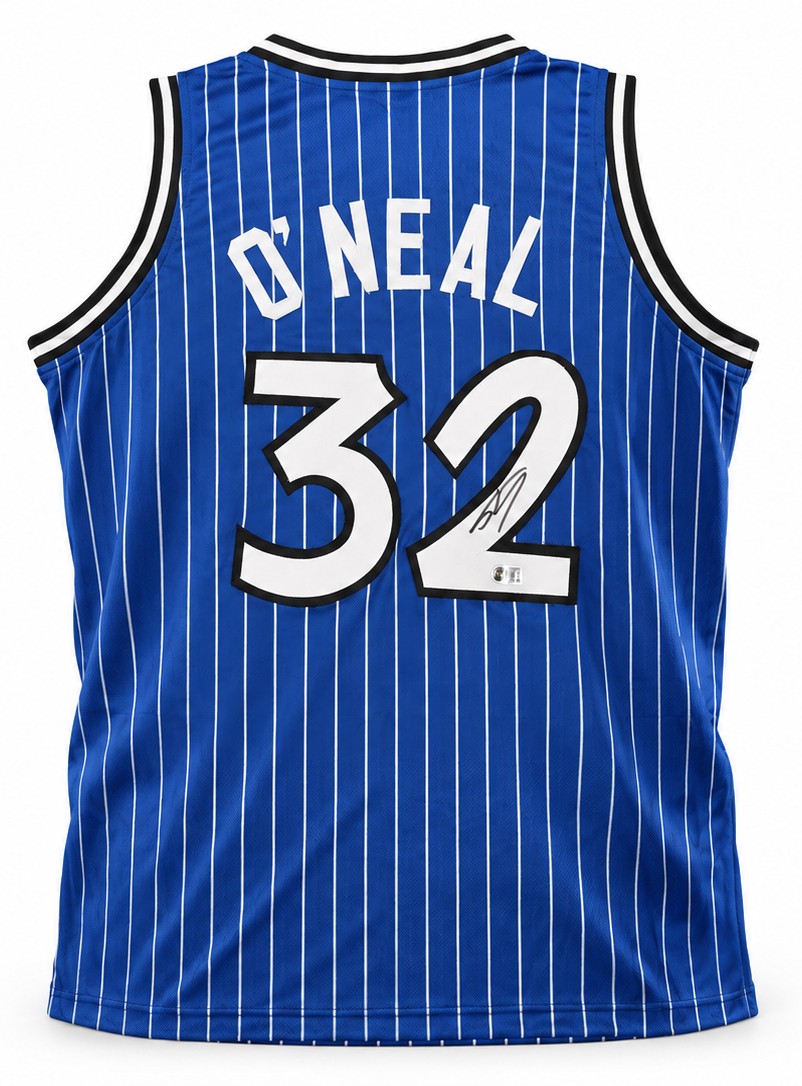 Shaquille O'Neal Signed Magic Blue Pinstripe Jersey XL BAS Witness