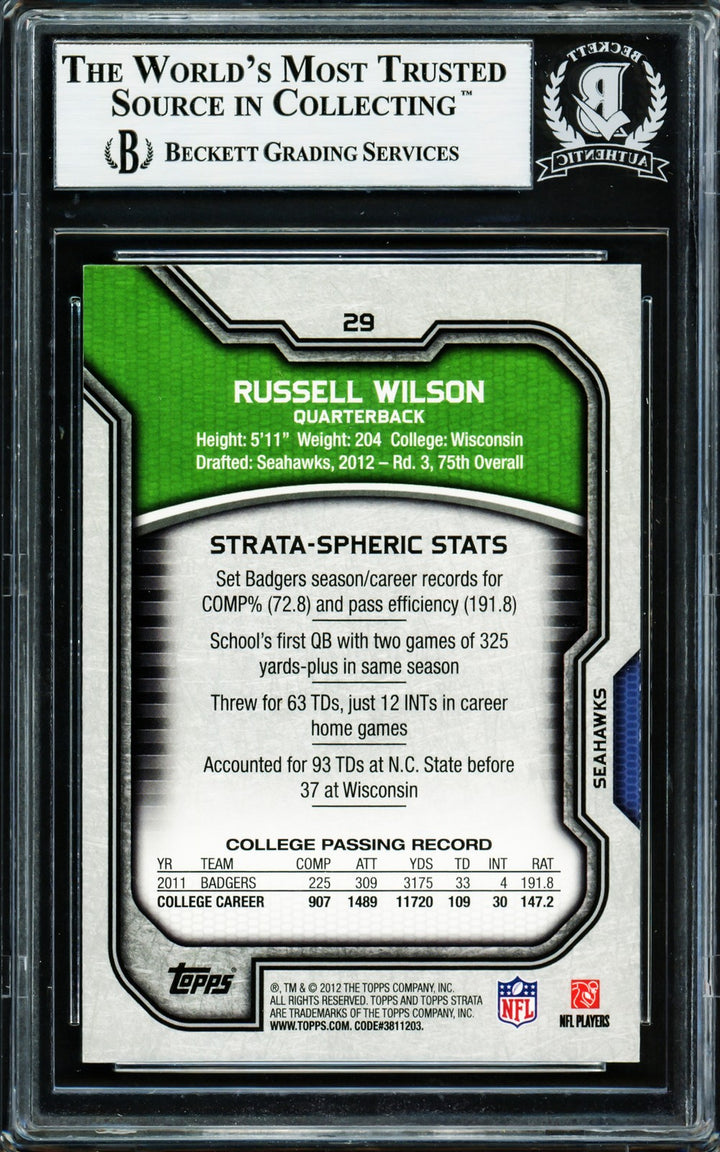 Russell Wilson Signed 2012 Topps Strata Rookie Card #29 Seattle Seahawks Beckett