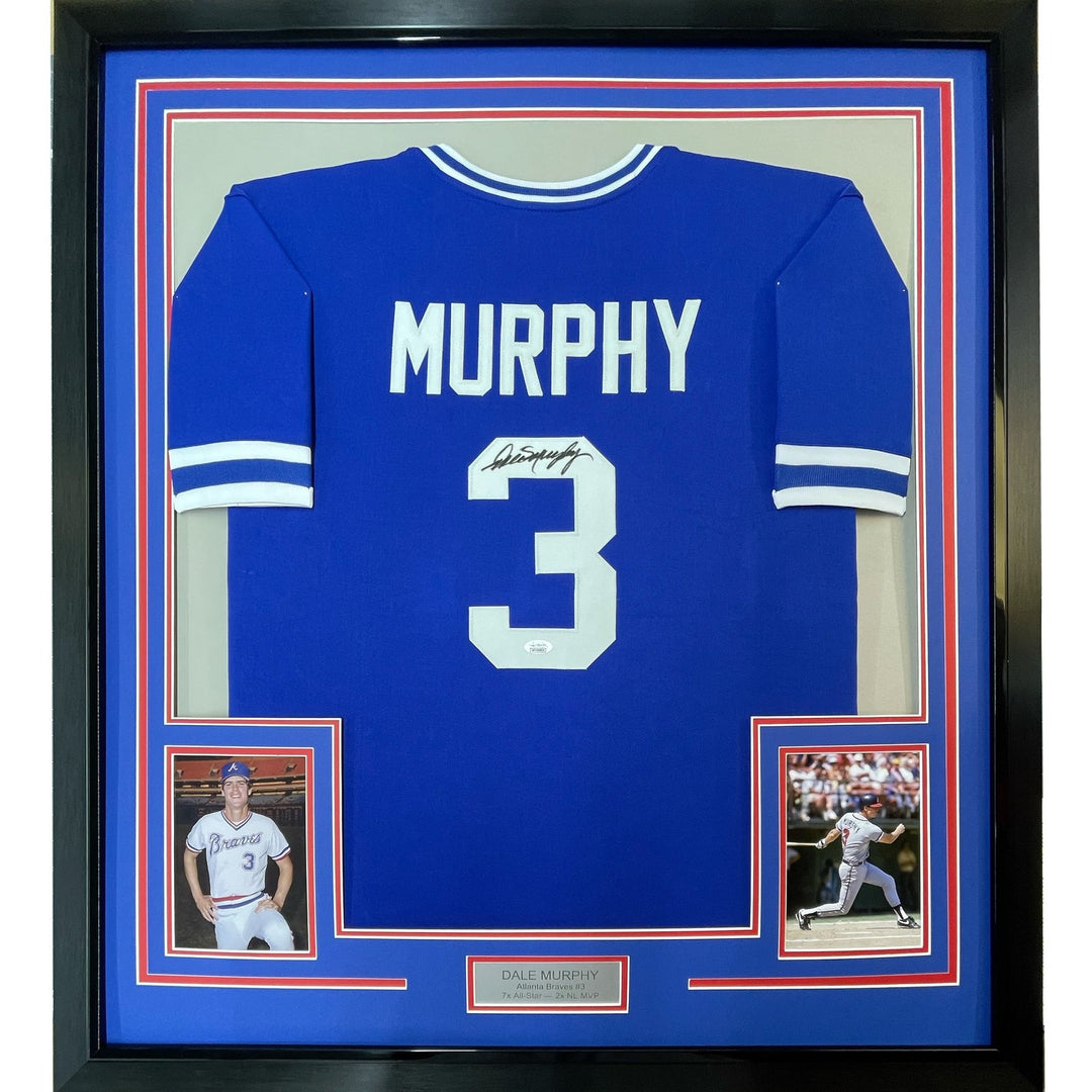 FRAMED Signed DALE MURPHY 35x39 Atlanta Royal Blue Jersey JSA COA