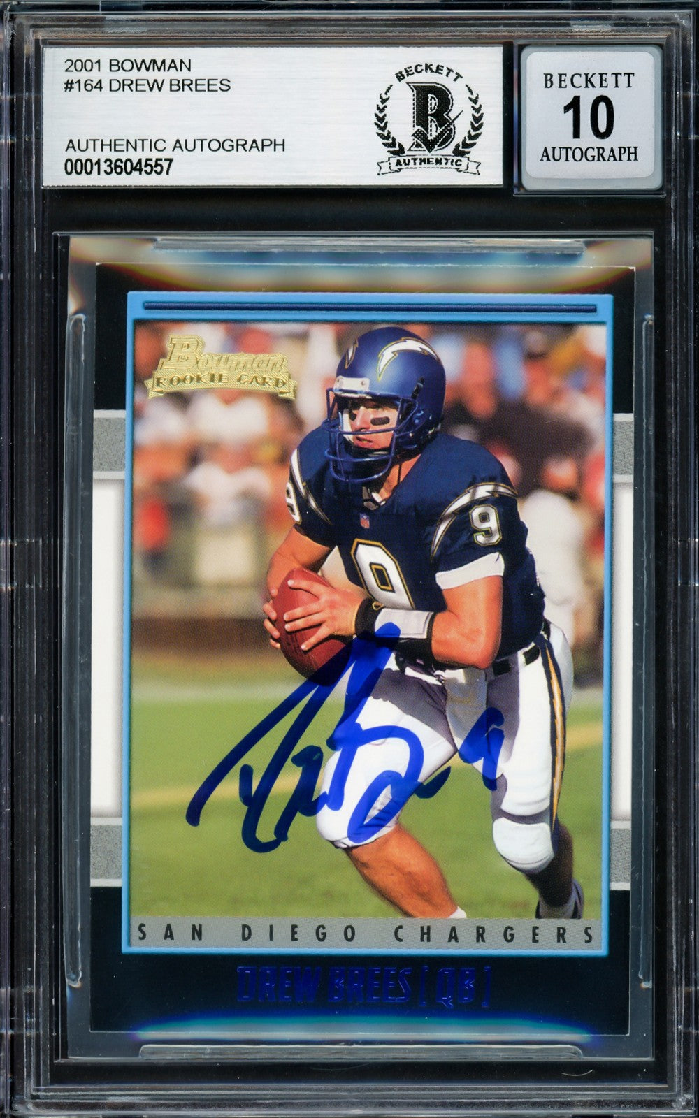Drew Brees Signed 2001 Bowman RC 164 San Diego Chargers Auto GM 10 Beckett