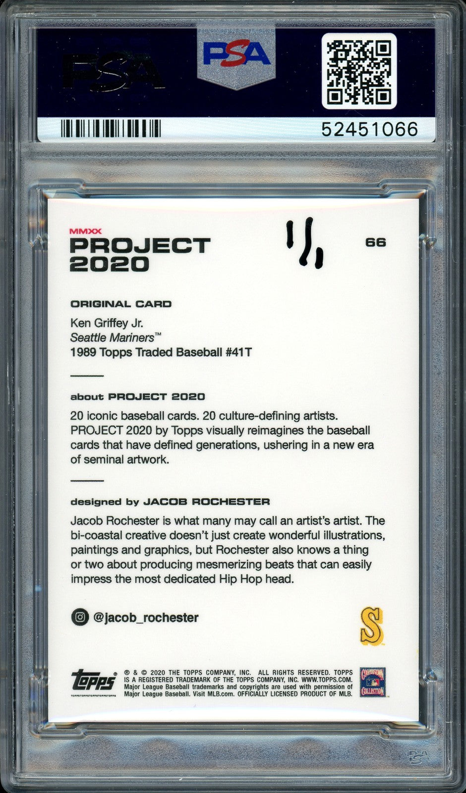 Ken Griffey Jr Auto Topps Project 2020 Jacob Rochester Card 66 10xGG 1/1 PSADNA