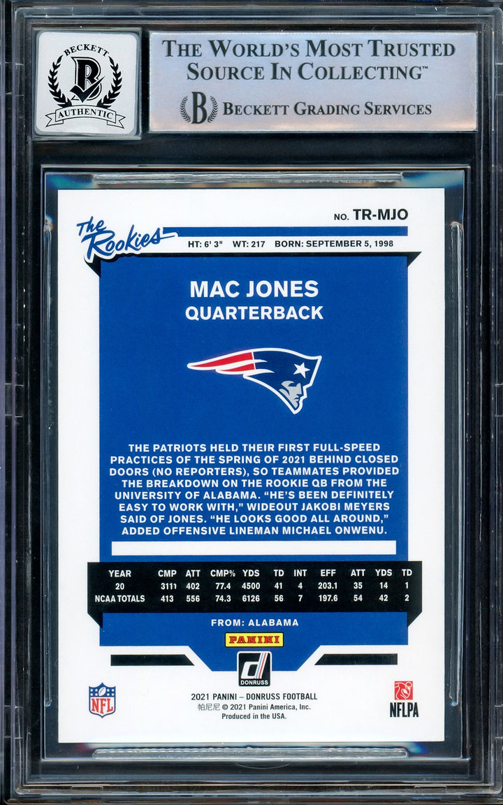 Mac Jones Auto 2021 Panini Donruss The Rookies RC TR-MJO Patriots Sig 10 Beckett