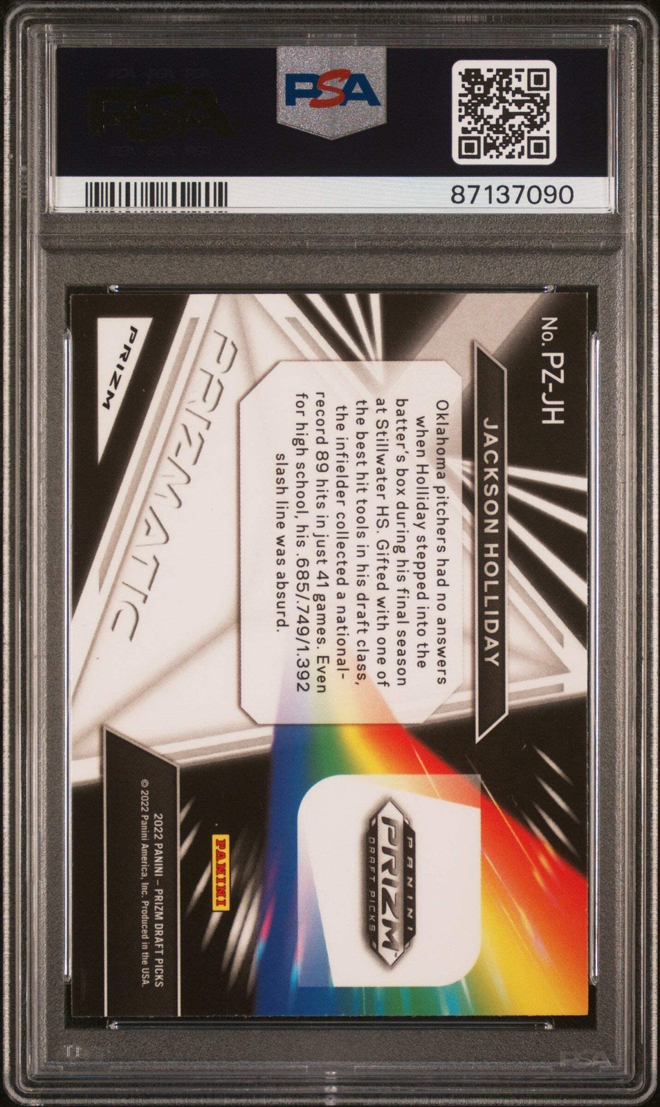 Graded 2022 Prizm Jackson Holliday #PZJH Prizmatic Silver Baseball Card PSA 10
