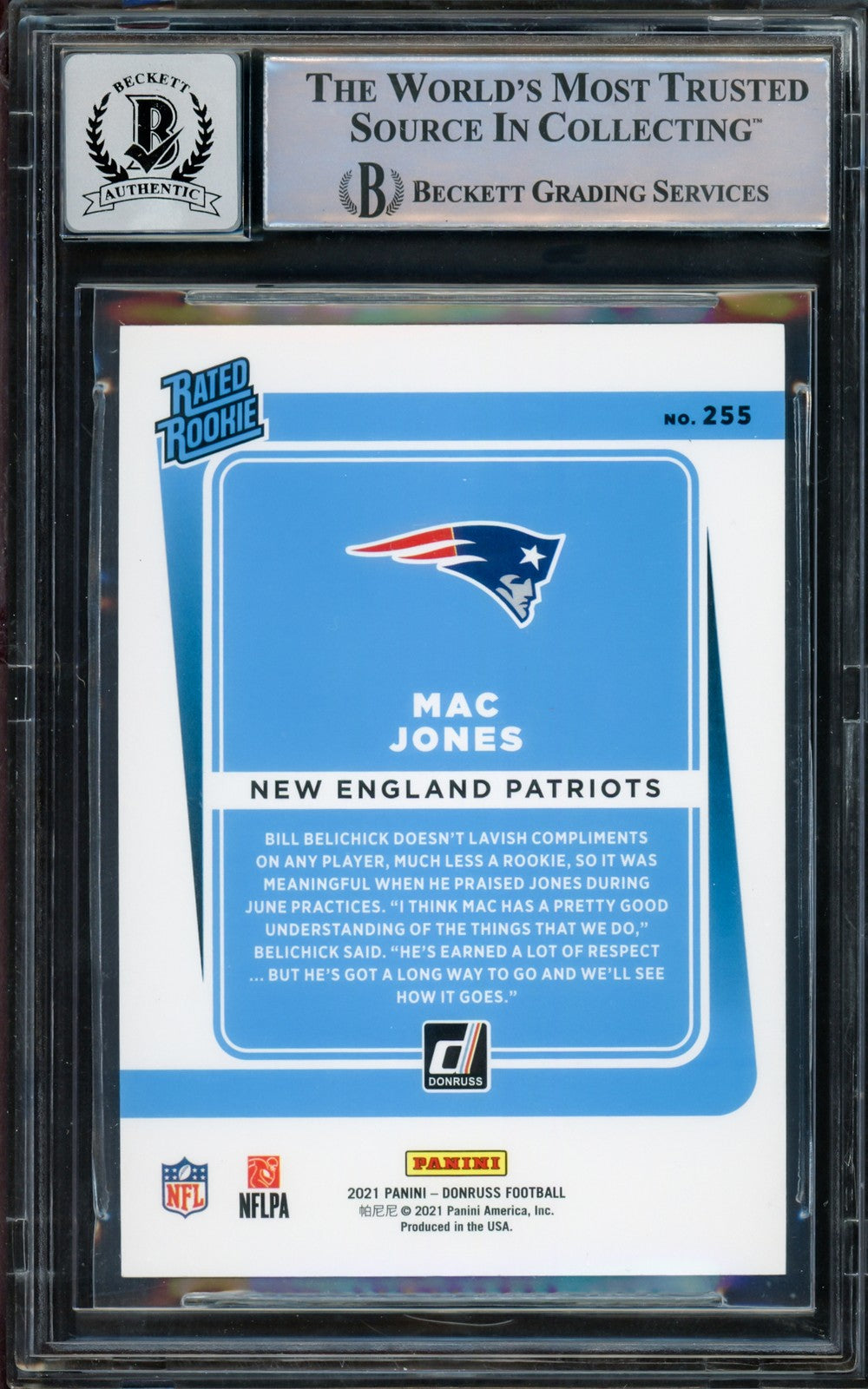 Mac Jones Auto 2021 Donruss Rated Rookie Blue Press Proof RC 255 Patriots Sig 10