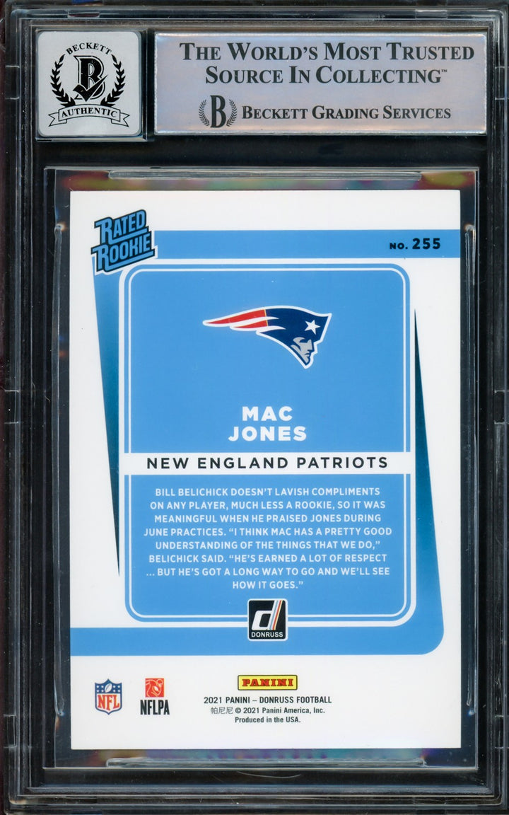 Mac Jones Auto 2021 Donruss Rated Rookie Blue Press Proof RC 255 Patriots Sig 10