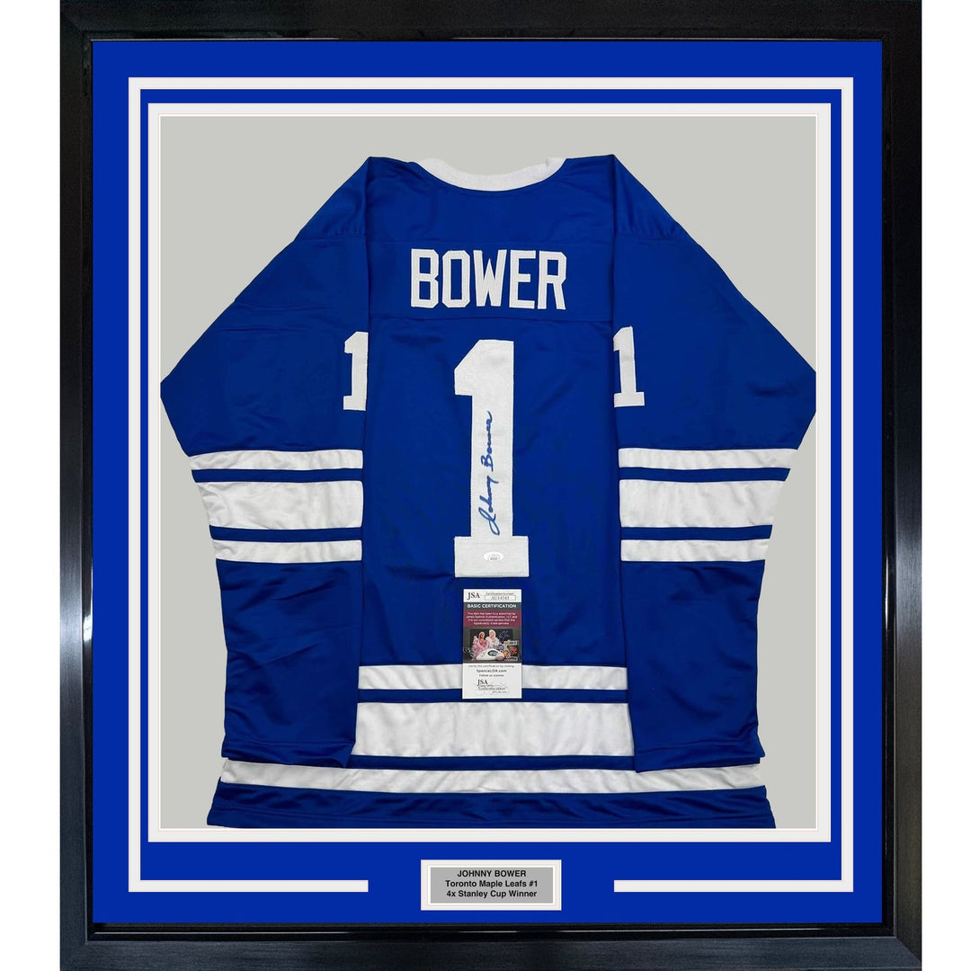 Framed Autographed/Signed Johnny Bower 35x39 Toronto Blue Jersey JSA COA