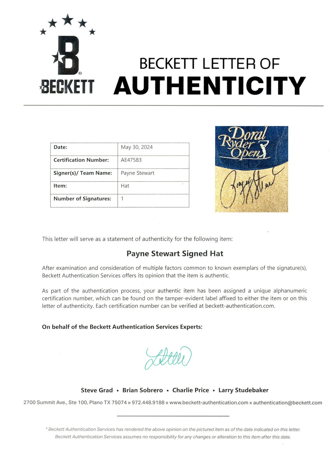 Stewart Payne Autographed/Signed Doral Ryder Open Blue Hat w/Case Beckett 55419