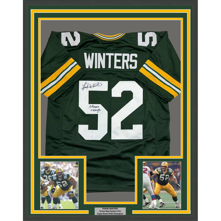 Framed Autographed/Signed Frank Winters 35x39 SB XXXI Green Bay Jersey JSA COA
