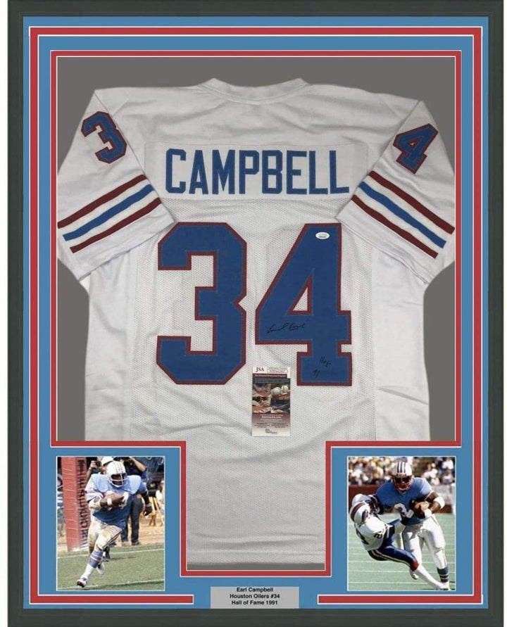 Framed Signed Earl Campbell HOF 91 35x39 Houston White Jersey JSA COA
