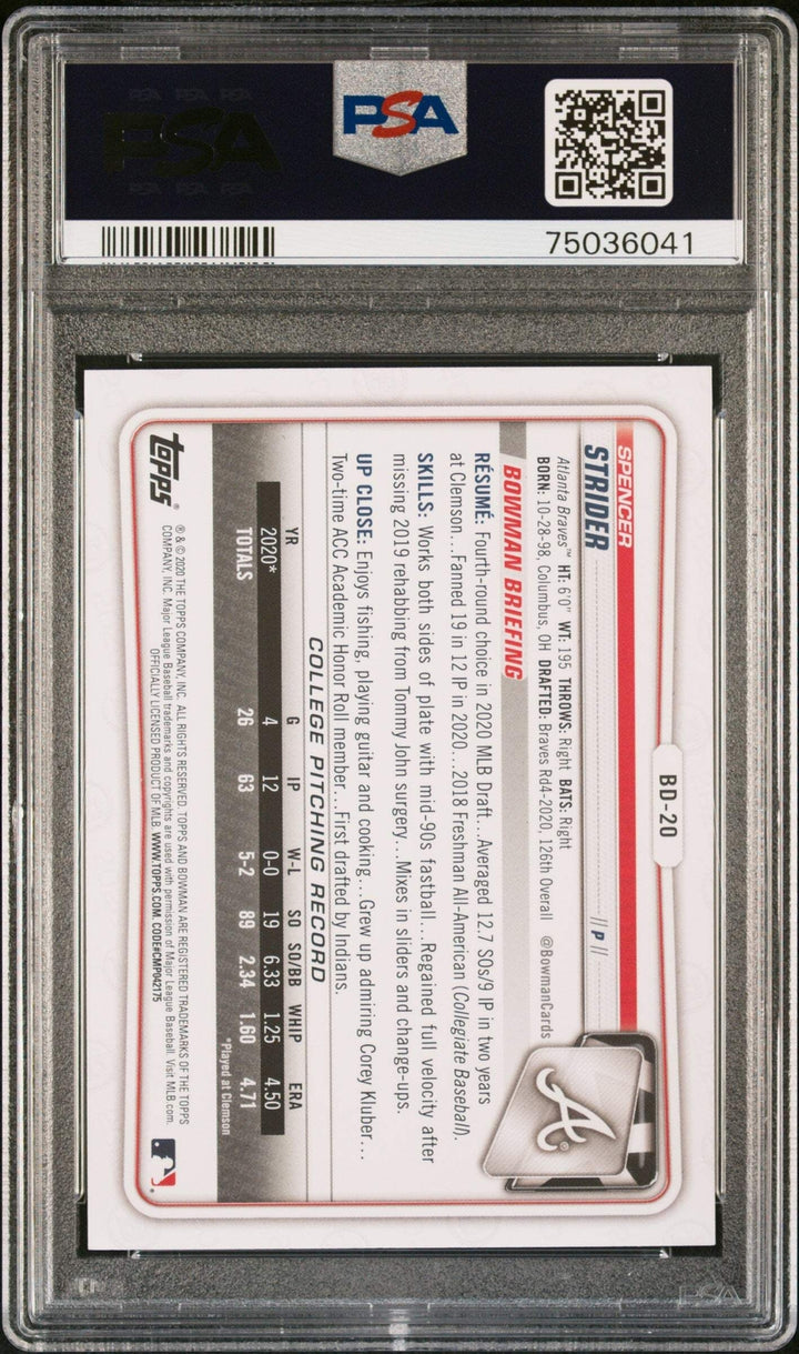 Graded 2020 Bowman Draft Spencer Strider #999 Rookie RC Baseball Card PSA 10 Gem