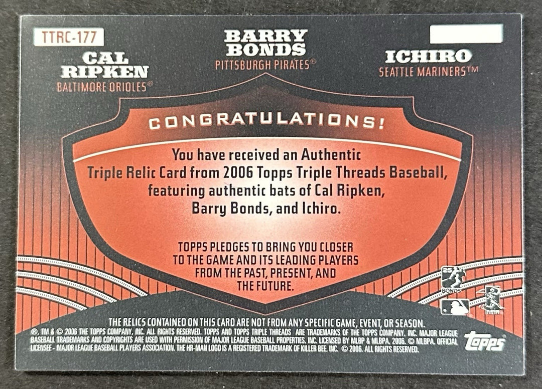 2006 Topps Triple Threads Bat Relic Ichiro Barry Bonds Cal Ripken /18 TTRC-177