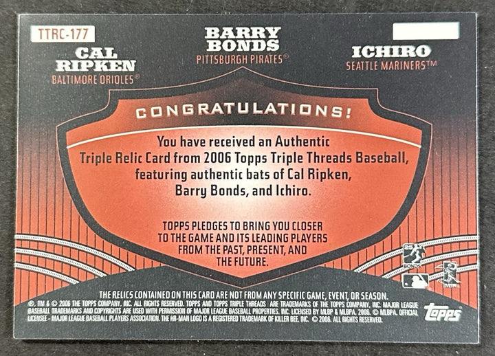 2006 Topps Triple Threads Bat Relic Ichiro Barry Bonds Cal Ripken /18 TTRC-177