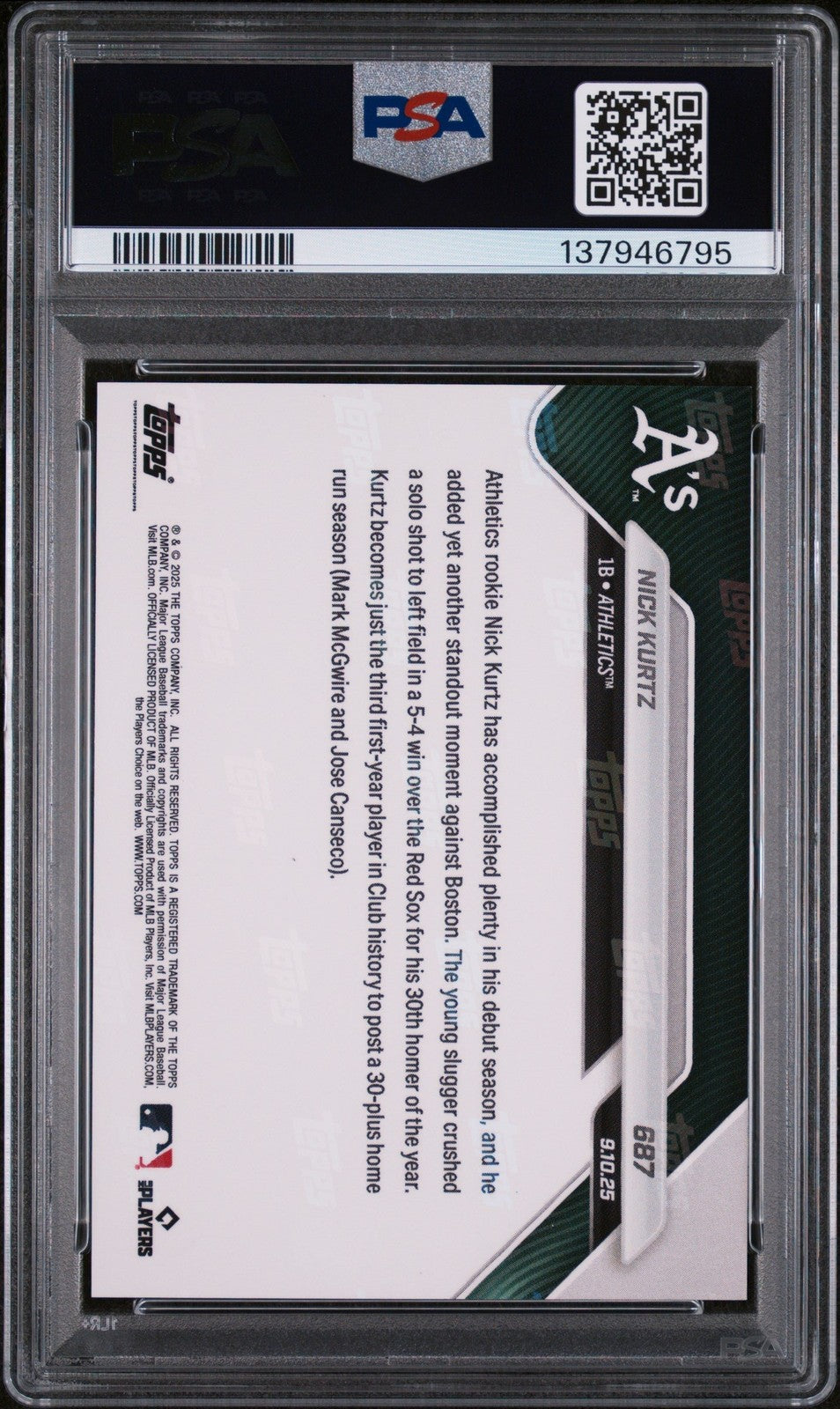 Graded 2025 Topps Now Nick Kurtz #687 Rookie RC Card PSA 10 Gem Mint