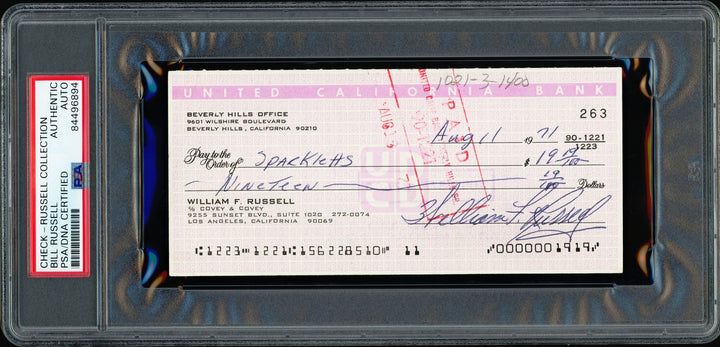 Bill Russell Autographed Signed 3x6 Check Boston Celtics PSA/DNA