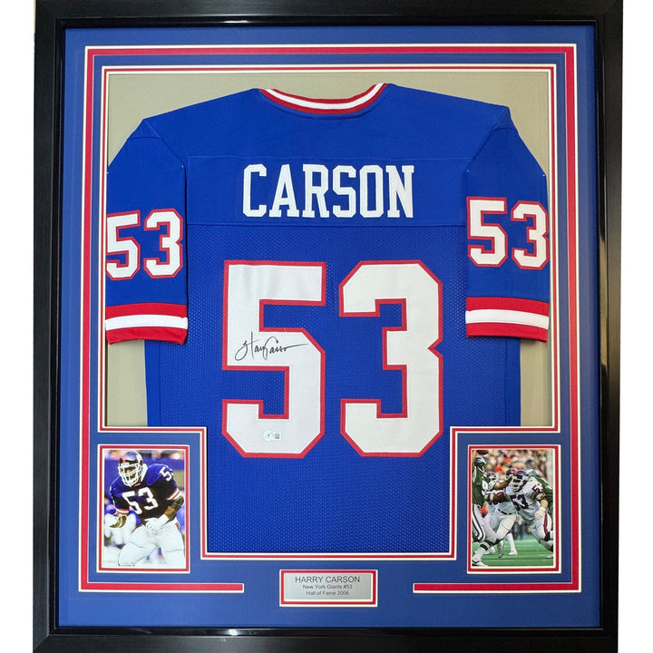 Framed Autographed/Signed Harry Carson 35x39 New York Blue Jersey BAS COA