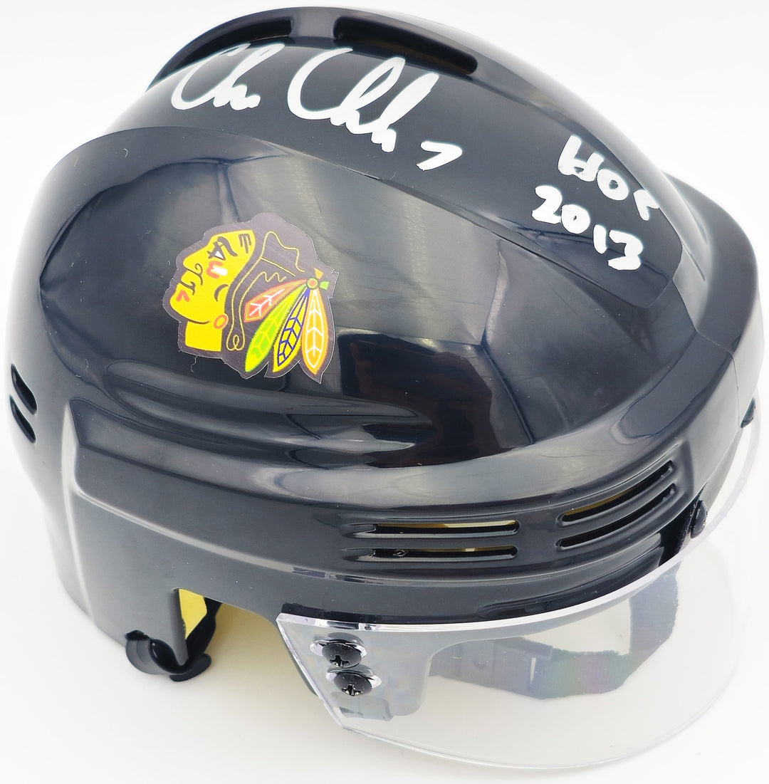 Chris Chelios Signed Chicago Blackhawks Black Mini Helmet "HOF 2013" Beckett Wit