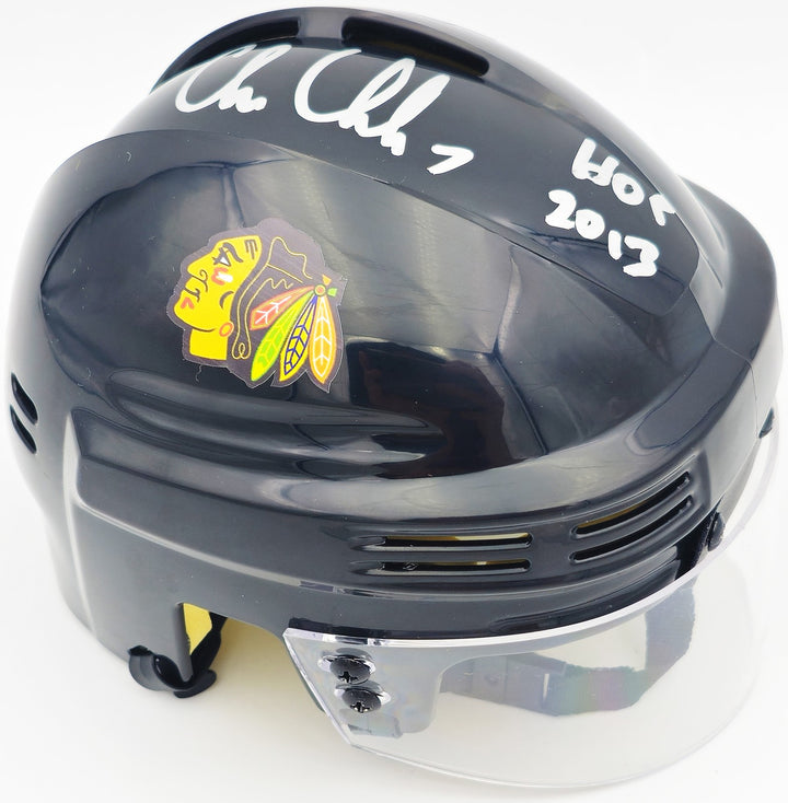 Chris Chelios Signed Chicago Blackhawks Black Mini Helmet "HOF 2013" Beckett Wit