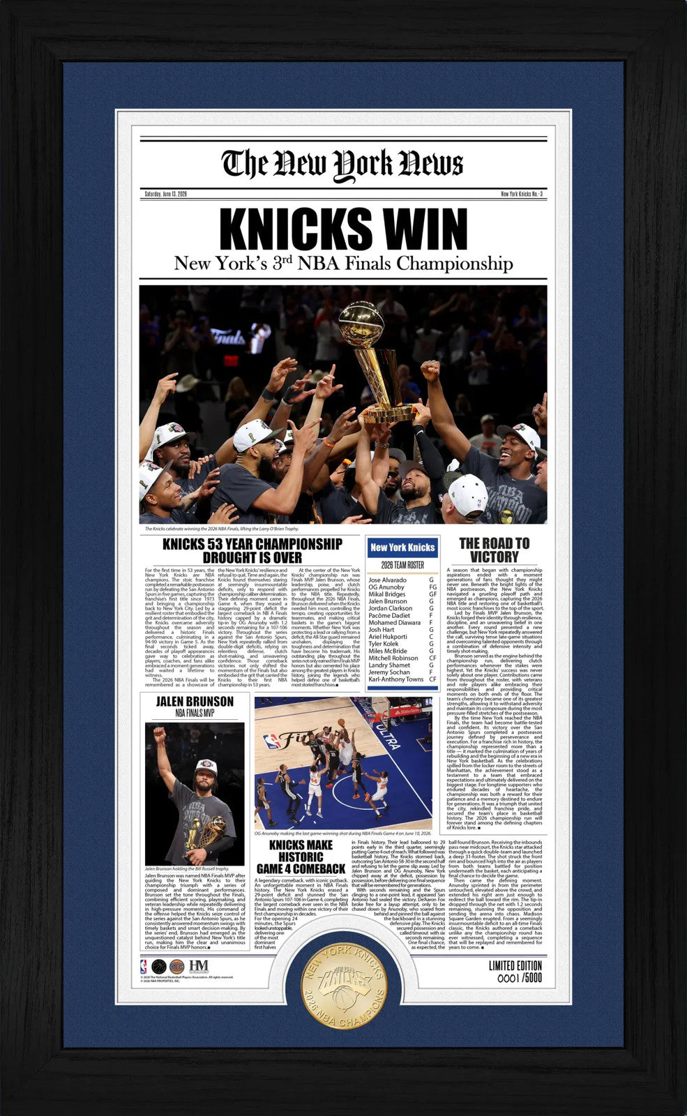 New York Knicks 2026 NBA Champions Front Page News Bronze Coin Photo Mint