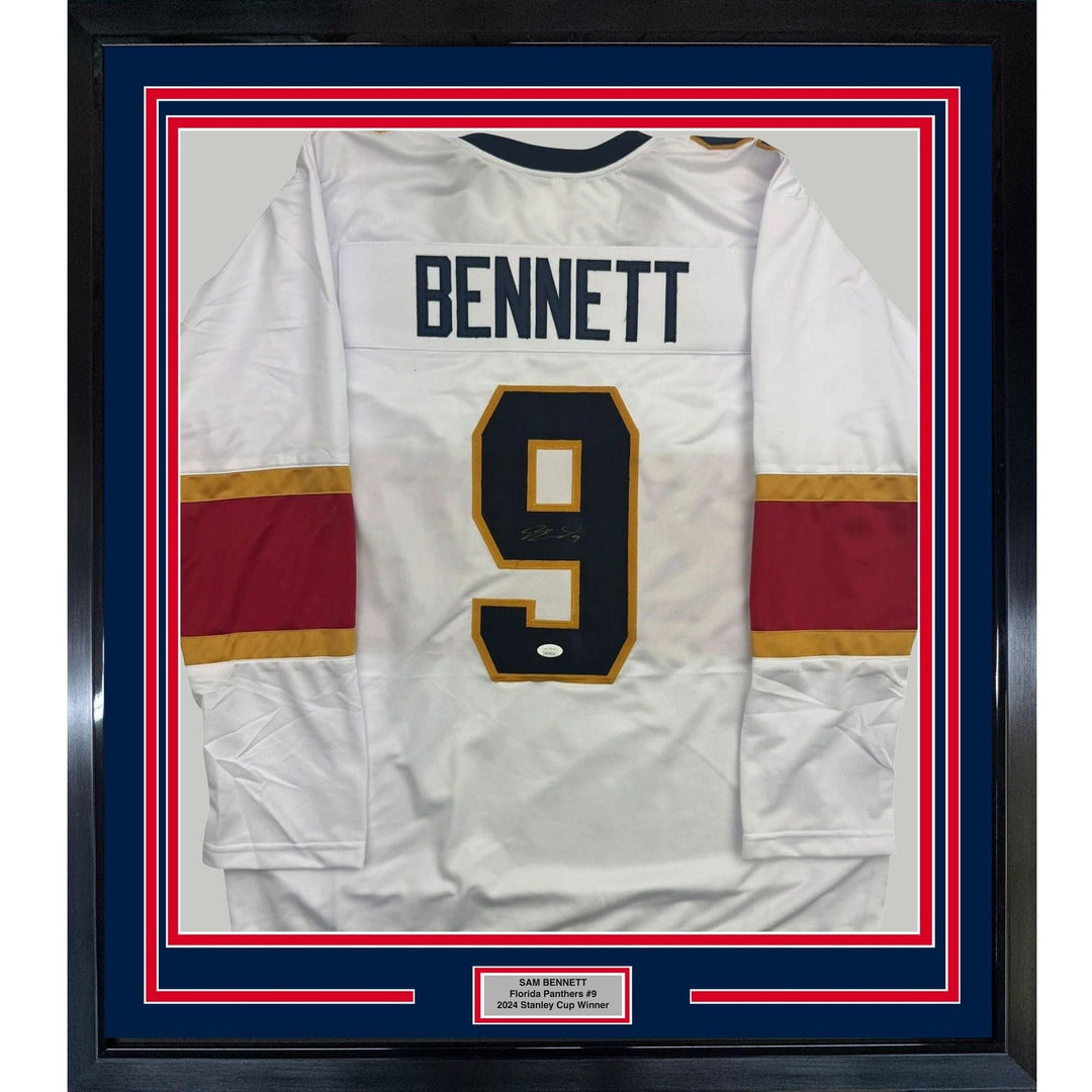 Framed Autographed/Signed Sam Bennett 35x39 Florida White Jersey JSA COA