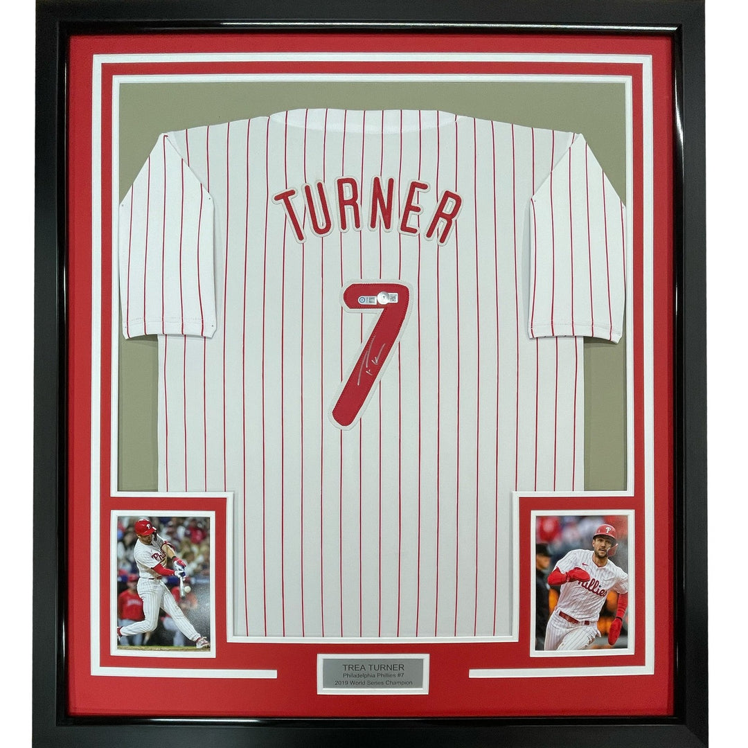 Framed Autographed/Signed Trea Turner 33x42 Pinstripe Jersey Beckett COA
